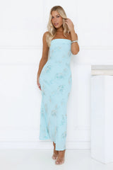 Sparkling Floral Embellished Strapless Maxi Blue