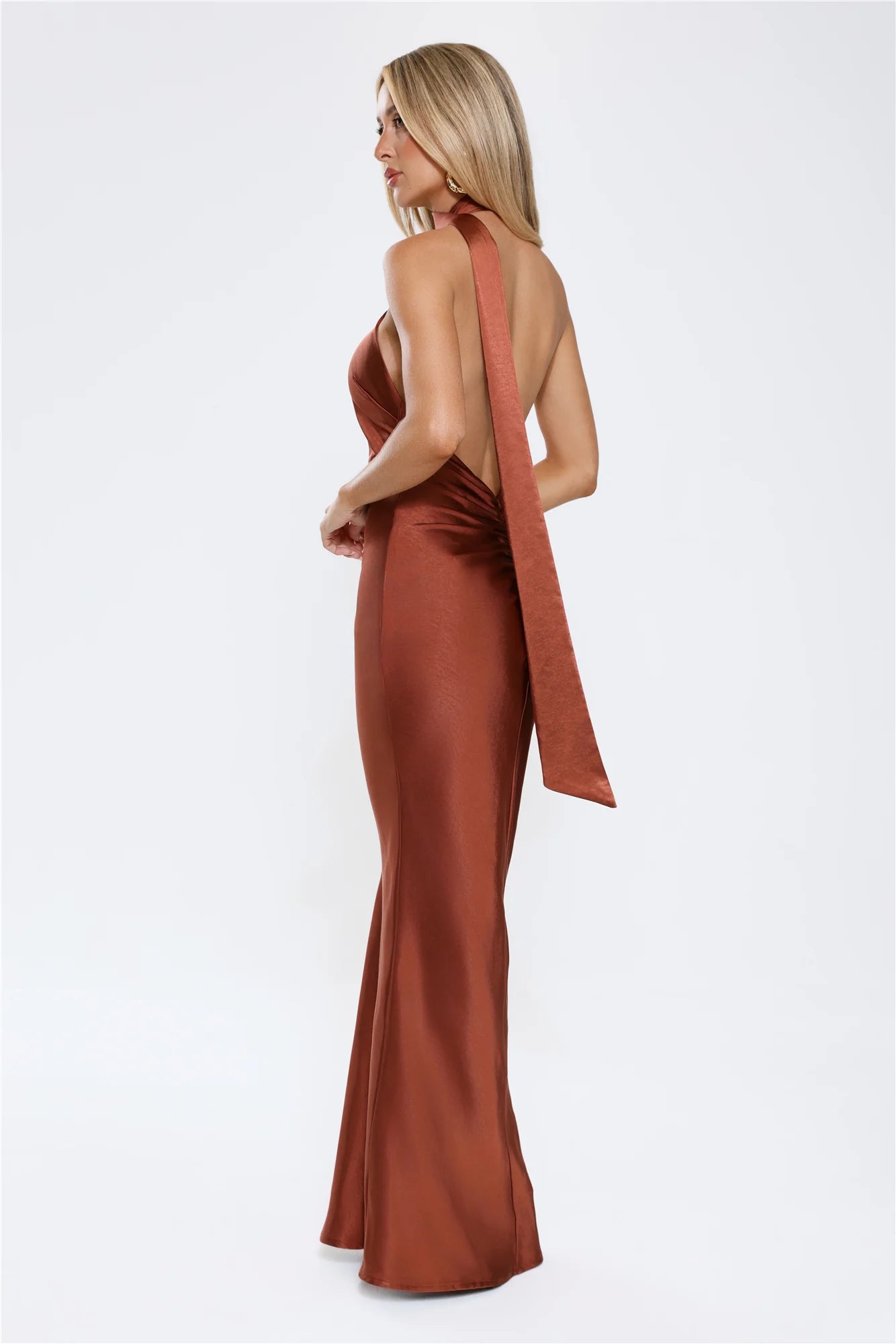 Cinnamon Glaze Halter Satin Maxi Dress Brown